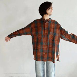 ichi antiquites linen check shirt in brown/blue